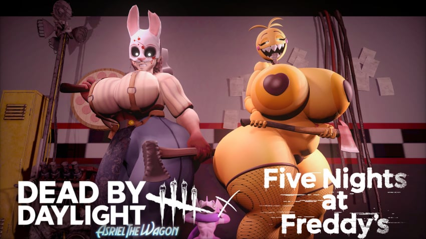 3d asrielthewagon better_version_at_source big_ass big_breasts big_butt big_hips chica_(fnaf) clothing dbd dead_by_daylight five_nights_at_freddy's five_nights_at_freddy's_2 fnaf holding_axe holding_object looking_at_viewer masked masked_female nipple_pasties sharp_teeth source_filmmaker the_huntress_(dead_by_daylight) toy_chica_(fnaf)