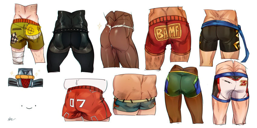 6+boys absurdres artist_name ass ass_focus bad_id bad_twitter_id bandaged_leg bandages belt bodysuit boxers butt_crack cassidy_(overwatch) character_name close-up clothes_writing cropped_legs from_behind fundoshi genji_(overwatch) green_shorts hanzo_(overwatch) head_out_of_frame highres japanese_clothes leg_hair lowleg lowleg_shorts lucio_(overwatch) male_focus male_underwear multiple_boys nips_(ohnips) overwatch overwatch_1 reaper_(overwatch) reinhardt_(overwatch) roadhog_(overwatch) sash shirt short_shorts shorts simple_background soldier:_76_(overwatch) sparkle spiked_belt spikes underwear white_background white_male_underwear white_shirt zenyatta_(overwatch)