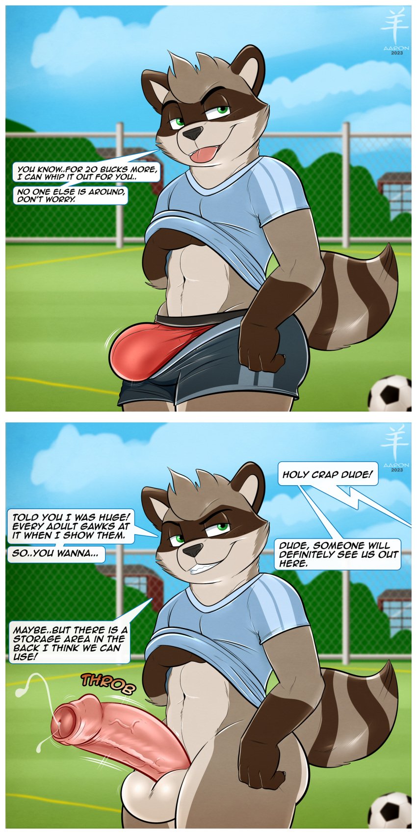 aaron_(artist) big_balls big_bulge big_butt big_penis dialogue femboy furry huge_cock precum raccoon soccer soccer_ball sportswear tail