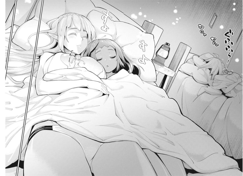 4girls aria_(beheneko) cuddling official_art s-rank_monster_no_"behemoth"_dakedo_neko_to_machigawarete_elf_musume_no_pet_toshite_kurashitemasu sleeping sleeping_together stella_(beheneko) tagme