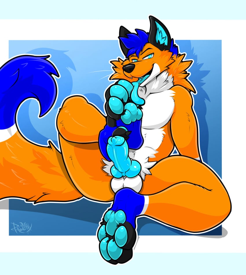 anthro balls canid canine feet foot_fetish foot_lick foot_play fox genitals hi_res knot lapis_fox licking male mammal open_mouth pawpads paws pawzzhky penis raised_paw slim solo tongue