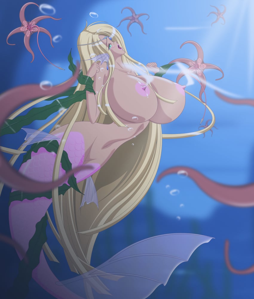 bad_anatomy blonde_hair bondage breasts earrings female female green_eyes helpless huge_breasts jewelry lactation long_hair meex2012 mermaid monster_girl nipples original prisoner screaming solo starfish torture very_long_hair