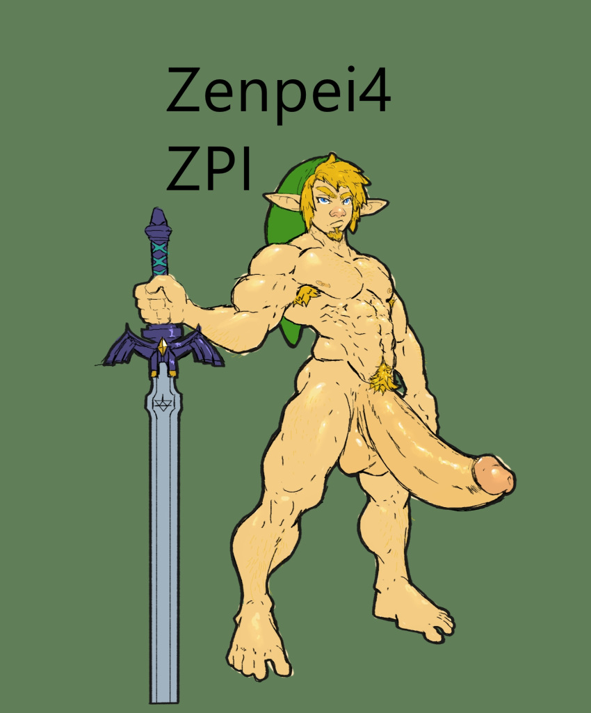 balls bara big_penis boner erection facial_hair hat link male male_only master_sword muscles muscular nintendo nude penis solo solo_male sword the_legend_of_zelda zenpei