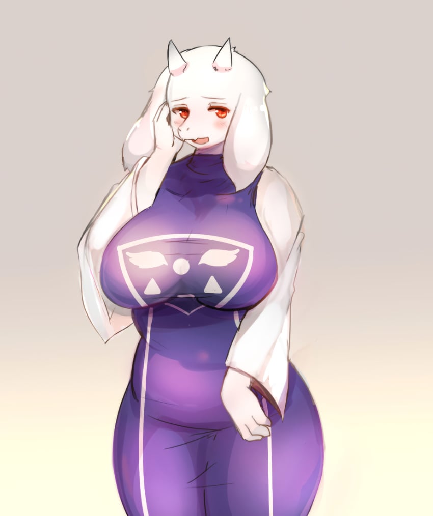 absurd_res absurdres blush goat goat_girl hand_on_head hi_res highres horns kakuteki11029 large_breasts purple_clothing red_eyes smile thick_thighs toriel undertale undertale_(series) upscaled