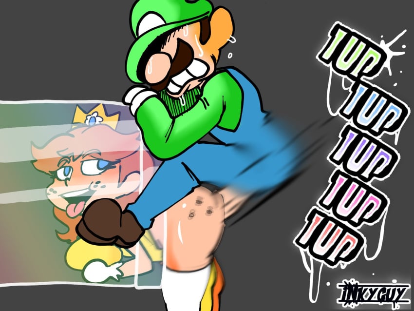 1boy 1girls ass blue_eyes blue_pants breasts clothing doggy_style female freckles freckles_on_ass gloves green_hat human human_on_human inky_guy legwear looking_back luigi male male/female mario_(series) nintendo open_mouth penis penis_in_pussy pipe princess_daisy sex straight straight_sex sweat sweating