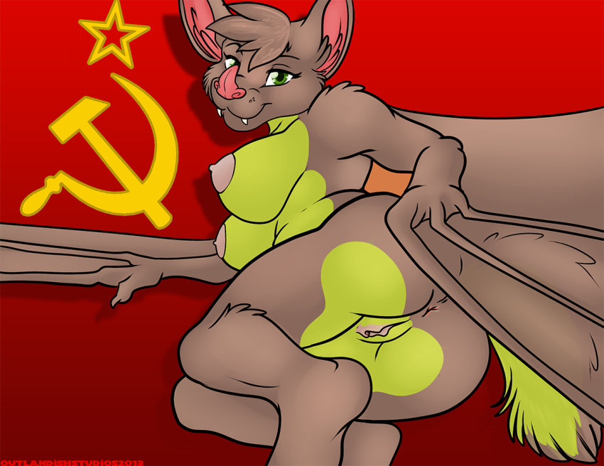 anthro anus bat breasts fangs female looking_at_viewer nipples nude outlandish_studios pinup pussy realistic_wings solo soviet_flag wings