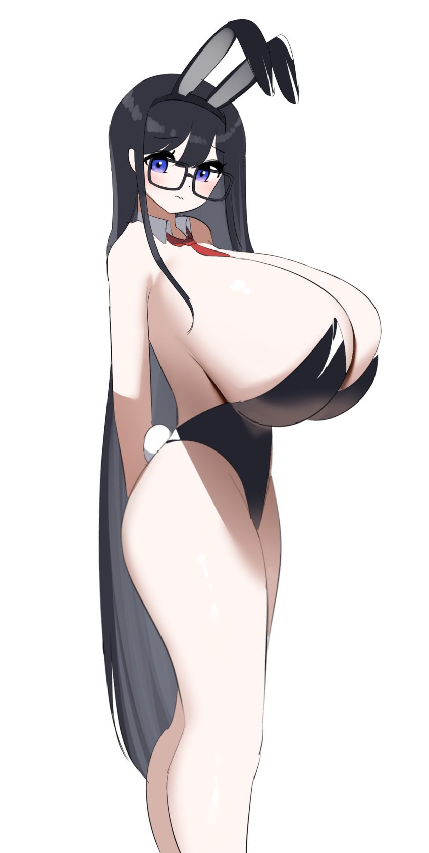 1girls ass bare_shoulders black_hair blush breasts breasts_bigger_than_head bunny_ears bunny_tail bunnysuit cleavage collar enormous_breasts female female_focus female_only gigantic_breasts glasses huge_breasts long_hair looking_at_viewer megane-chan_(nicorima) nicorima original original_character purple_hair side_view sideboob simple_background solo standing thighs tie white_background