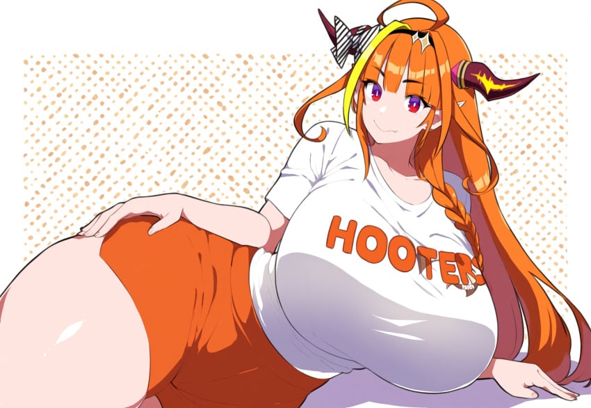 ai_generated big_breasts breasts hololive hololive_japan hooters huge_breasts kiryu_coco large_breasts long_hair nai_diffusion orange_shorts pink_eyes shorts stable_diffusion t-shirt tagme thick_thighs virtual_youtuber vtuber white_shirt wide_hips