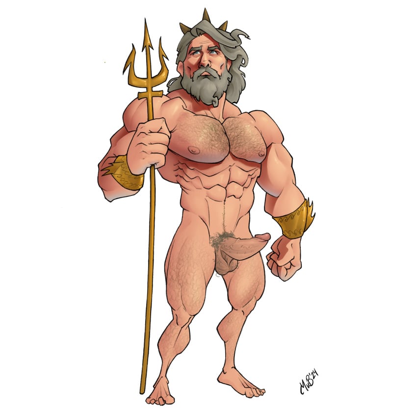 1boy abs balls bara beard biceps big_balls big_penis daddy dilf erection european_mythology greek_mythology hairy_chest male male_nipples male_only male_pubic_hair manly markus_von_braunstein mature_male muscular_male mythology nipples nude pecs penis poseidon trident