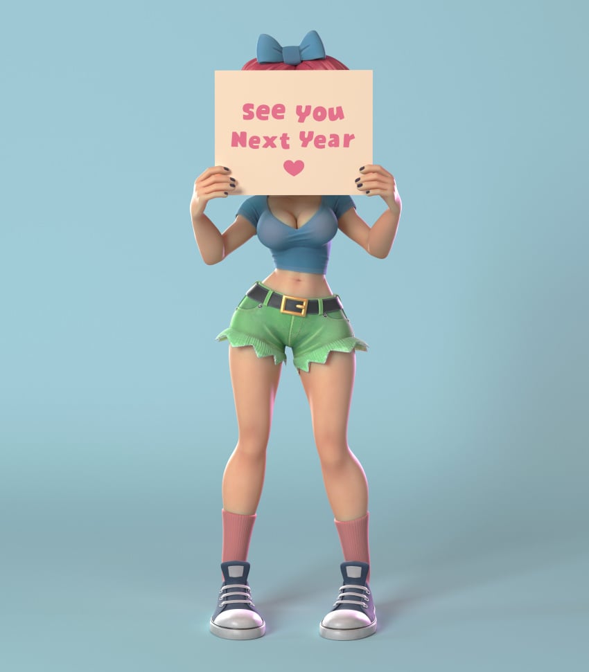 3d 3d_(artwork) blue_bow blue_shirt bow_ribbon covered_face green_shorts jean_shorts large_breasts navel no_bra red_hair scarlet_(yerkdiff) shirt shorts sign simple_background sneakers text thin_waist wide_hips yerkdiff