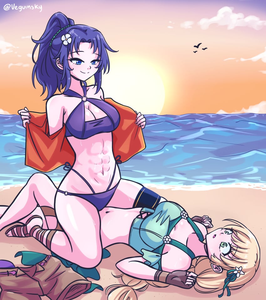 2girls abs alternate_costume beach bikini blonde_hair blue_bikini blue_eyes blue_hair blue_swimsuit cleavage female female_only fire_emblem fire_emblem:_new_mystery_of_the_emblem fire_emblem:_three_houses fire_emblem_heroes green_bikini green_eyes green_swimsuit imminent_sex ingrid_brandl_galatea ingrid_brandl_galatea_(summer) kris_(female)_(fire_emblem) kris_(fire_emblem) medium_breasts nintendo official_alternate_costume outdoors sitting_on_person sunset swimsuit undressing veguinsky yuri