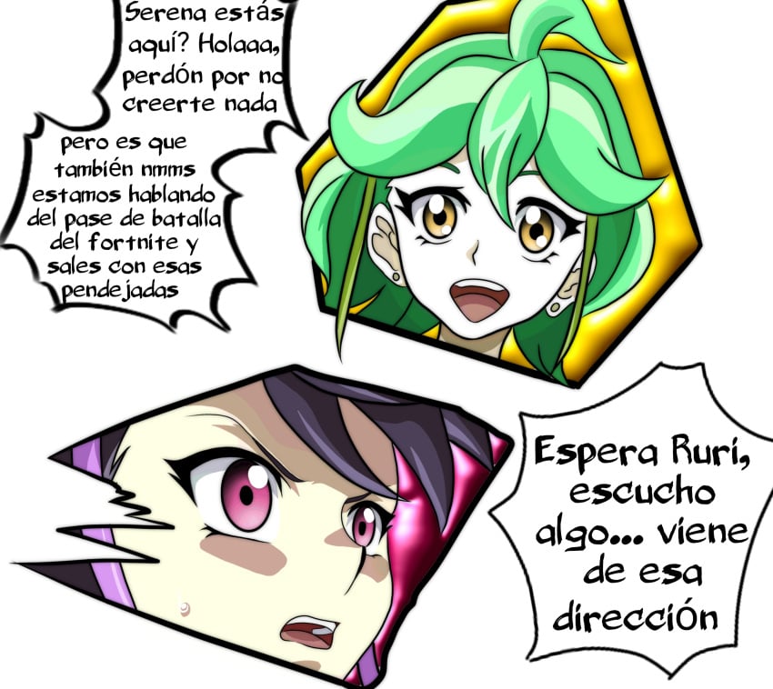 2girls celina earrings female green_hair kurosaki_ruri lulu_obsidian marcelo_hentais meme purple_hair red_eyes rin_(yu-gi-oh!_arc-v) serena_(yu-gi-oh!_arc-v) smile spanish_text surprised sweatdrop time_lapse white_background yellow_eyes yu-gi-oh! yu-gi-oh!_arc-v