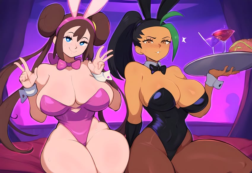 2girls ai_generated dark-skinned_female dark_skin female female_only large_breasts light-skinned_female mullon multiple_girls nemona_(pokemon) novelai pantyhose playboy playboy_bunny playboy_bunny_leotard playboy_outfit pokemon pokemon_bw2 pokemon_sv rosa_(pokemon) thick_thighs