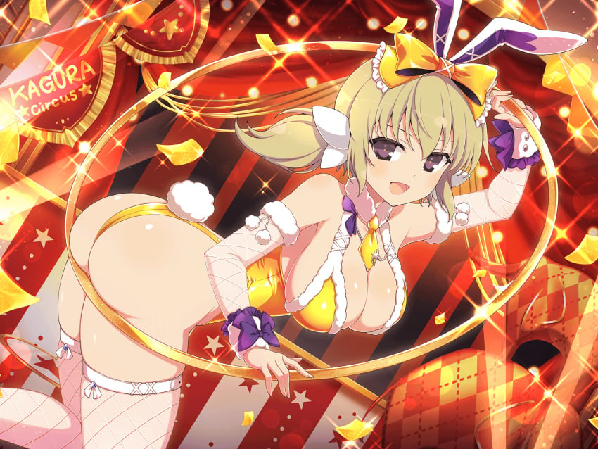 armpits ass ass_focus bare_shoulders big_breasts blonde_hair blush body_blush breasts bunny_ears bunny_tail bunnysuit circus cleavage colla collarbone detached_sleeves fish fishnet_sleeves fishnet_thighhighs fishnets hair_ribbon hoop kafuru_(senran_kagura) leotard low_twintails marvelous official_art open_clothes purple_eyes senran_kagura senran_kagura_estival_versus senran_kagura_new_link shiny_skin short_hair sideboob smile thighhighs thighs thong_leotard white_thighhighs yaegashi_nan yellow_bunnysuit