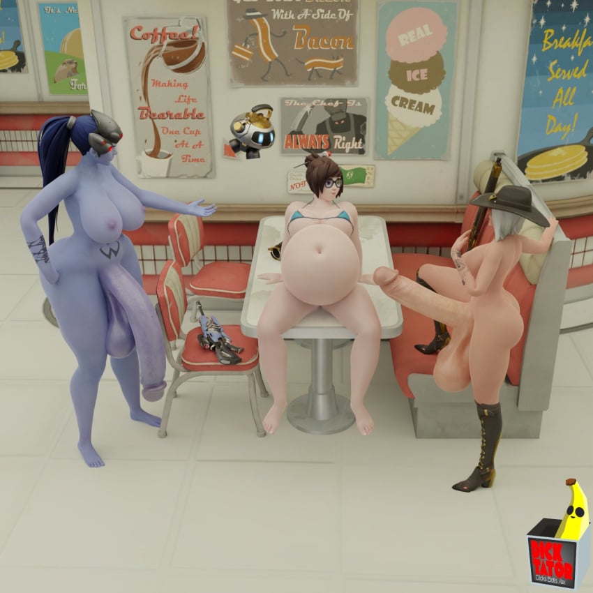 1girls 2futas 3d after_sex ashe_(overwatch) belly belly_inflation big_belly big_breasts dickgirl dictator_meep futa_on_female futanari huge_belly hyper_penis inflation mei_(overwatch) overwatch penis widowmaker