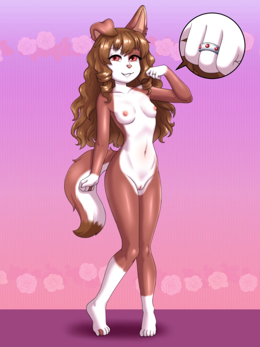 2024 absurd_res anthro areola biped breasts brown_body brown_hair canid canine canis close-up countershade_face countershade_tail countershade_torso countershading cutaway domestic_dog eyebrows female floppy_ears front_view gem genitals gloves_(marking) hair hi_res leg_markings long_hair looking_at_viewer mammal markings medium_breasts multicolored_body navel nipples nude one_ear_up pussy red_eyes ring simple_background smile socks_(marking) solo standing tail two_tone_body vermelhatan white_body white_countershading white_markings