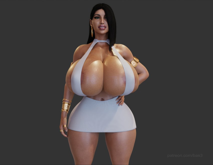 3d bae3 big_ass big_breasts bikini breasts breasts_bigger_than_head dark_hair egyptian farah green_eyes huge_breasts jewelry legend_of_queen_opala long_hair massive_breasts smile tan_body voluptuous white_bikini wide_hips