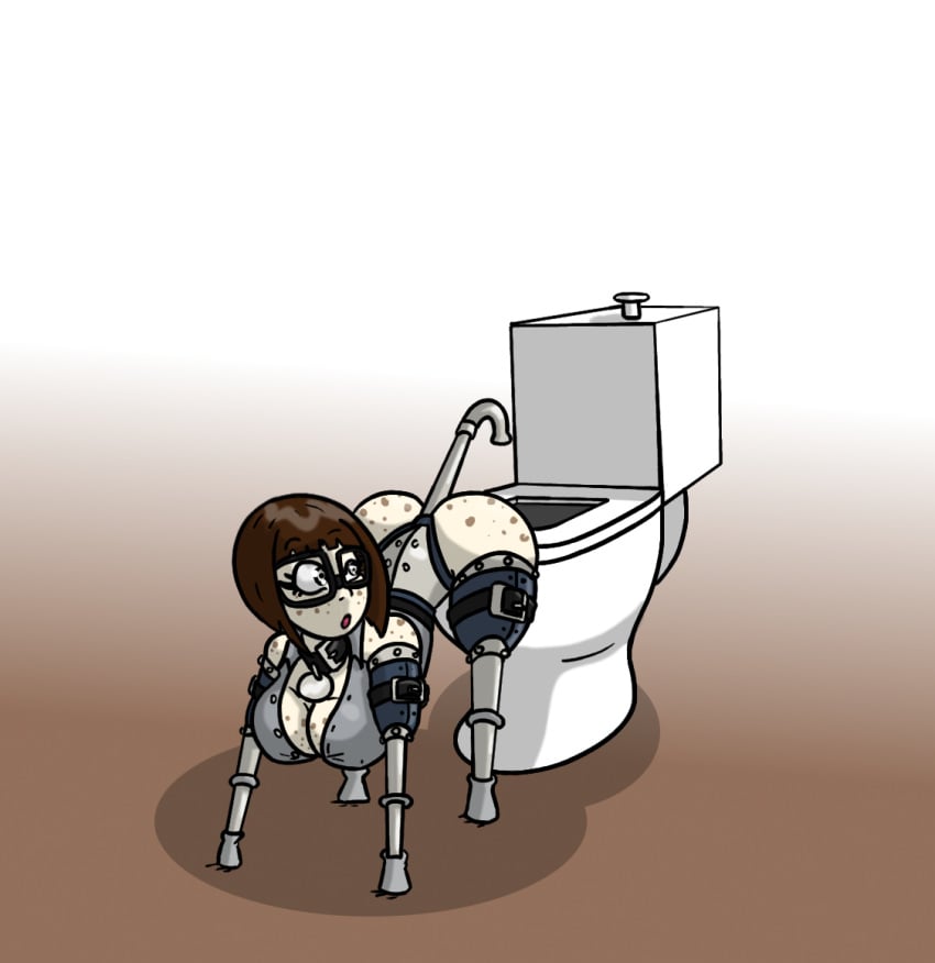 amputee brown_hair chastity chastity_belt chastity_device cleavage collar collar_tag female female_chastity female_only femsub freckles freckles_on_face fully_clothed glasses leather_collar peg_leg png prosthetic quadruple_amputee sternenschauer using_toilet wearing_glasses