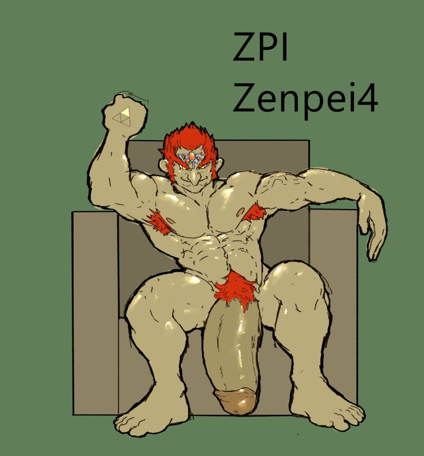 armpit_hair balls bara big_penis flaccid ganondorf ganondorf_(ocarina_of_time) gerudo green_body green_skin male male_only muscles muscular nintendo nude ocarina_of_time penis red_hair sitting solo solo_male the_legend_of_zelda zenpei