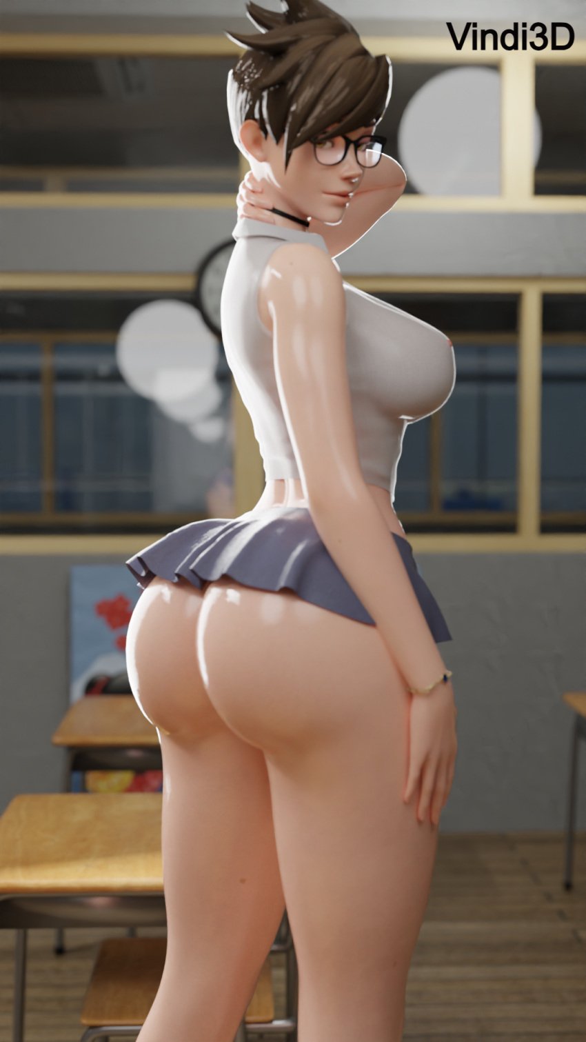 1girl 1girls 3d ass ass_focus big_ass big_butt blender blizzard_entertainment bubble_ass bubble_butt dat_ass female female_focus female_only from_behind glasses huge_ass huge_butt human human_only looking_back medium_hair miniskirt overwatch overwatch_2 school school_uniform schoolgirl shiny_skin solo solo_female thick thick_ass thick_thighs tracer vindi3d wide_hips