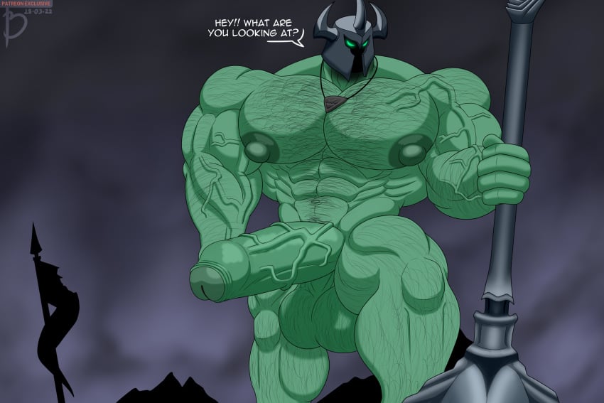 abs balls bara bayron_(artist) biceps big_balls big_penis boner english_text erection green_body green_skin hairy_chest helmet horned_helmet huge_balls huge_cock league_of_legends male male_nipples male_only male_pubic_hair mordekaiser muscular_male nipples nude pecs penis riot_games solo solo_male text