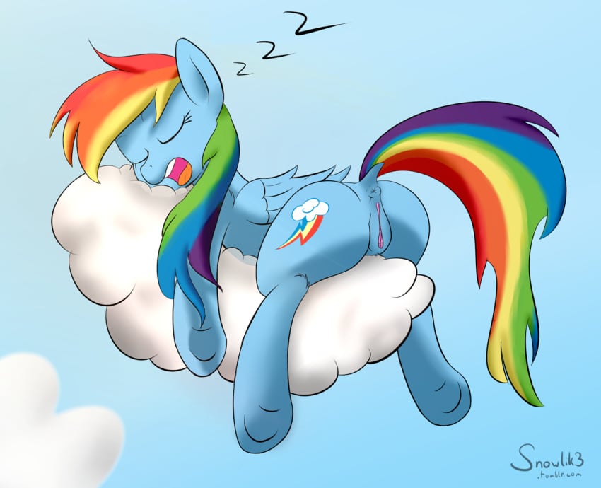 2014 anus ass blue_fur cloud cutie_mark duo equine female feral friendship_is_magic fur hair horse lying mammal multicolored_hair my_little_pony on_front open_mouth outside pegasus pony pussy rainbow_dash_(mlp) rainbow_hair sleeping snowlik3 wings