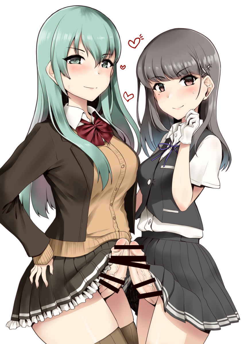 2girls aqua_eyes aqua_hair black_vest breast_press breasts brown_jacket brown_skirt bulge bulge_press bulges_touching cardigan censored closed_mouth cowboy_shot frilled_skirt frills frottage futanari gloves grey_hair grey_skirt hair_ornament hairpin hand_on_own_face hayashio_(kantai_collection) heart highres intersex jacket kantai_collection kneehighs large_breasts long_hair looking_at_viewer minase_(takaoka_nanase) miniskirt multiple_girls orange_eyes penis penises_touching pleated_skirt red_ribbon ribbon shirt short_hair simple_background skirt small_breasts smile socks suzuya_(kantai_collection) suzuya_kai_ni_(kantai_collection) symmetrical_docking vest white_background white_gloves white_shirt yuri