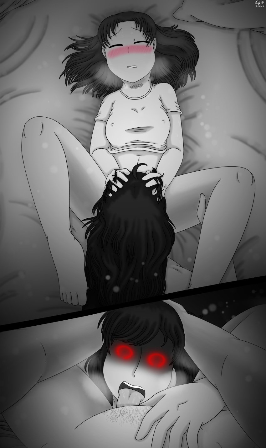 1boy 1girls black_hair blush cunnilingus feet friday_night_funkin friday_night_funkin_lullaby glowing_eyes hand_on_head hands_on_head hypnos_lullaby licking_pussy long_hair monochrome nipples_visible_through_clothing oc original_character pixiv red_eyes short_hair steven_(strangled_red) strangled_red tongue_out