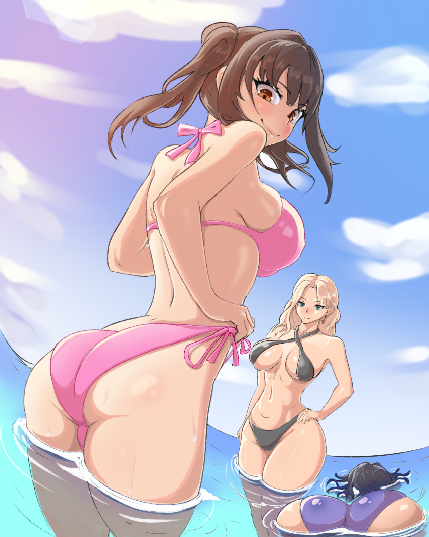 ass behind_another big_ass big_breasts bikini clothing hennie_(hornyfex) hornyfex original_character round_butt smooth_skin water