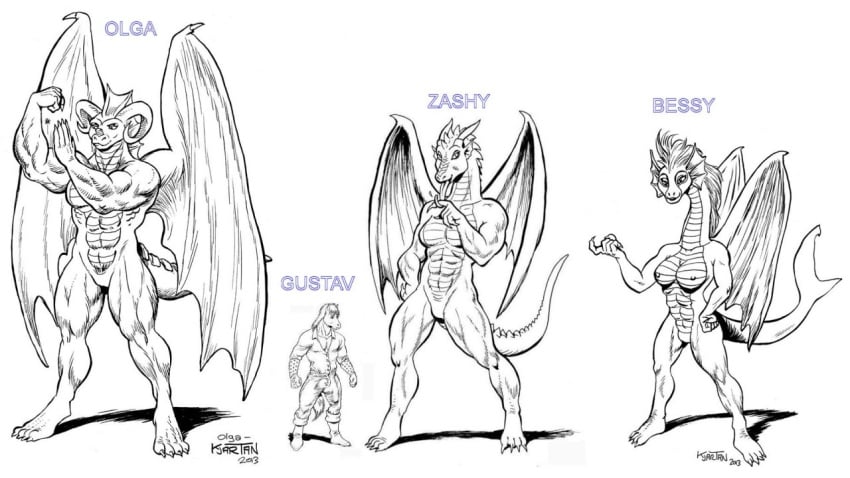 2014 anthro bessy breasts dragon equine erect_nipples female gustav_(here_there_be_dragons) hair horn horse karno long_hair male mammal monochrome muscles muscular_female nipples nude olga pussy size_difference wings zashy