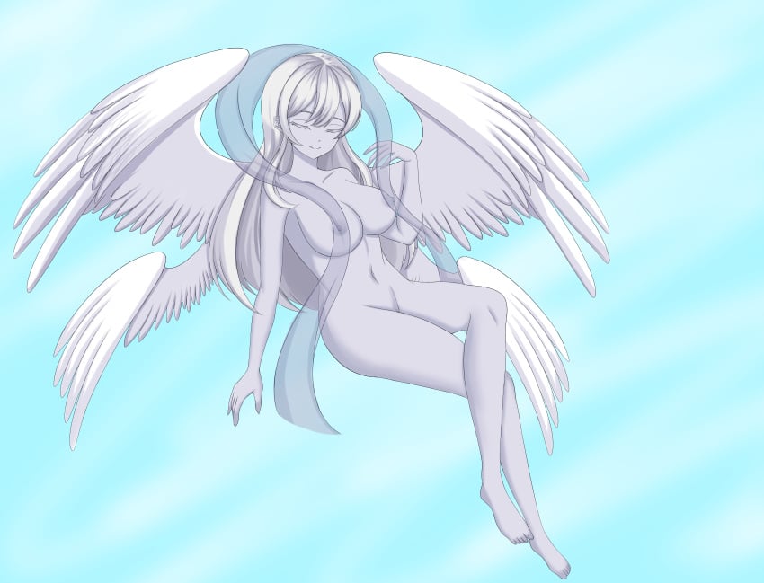 azure closed_eyes female female_only floating lustrix original_character silver_hair wings