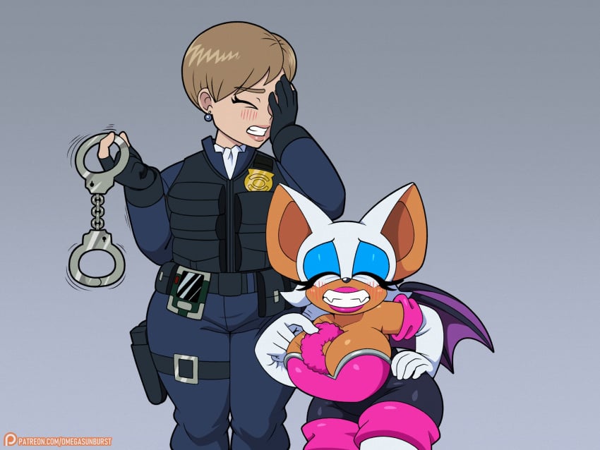 2girls big_ass big_breasts big_thighs breast_size_difference embarrassed handcuffs huge_breasts nervous_smile omegasunburst police police_uniform policewoman rouge_the_bat sonic_(series) sonic_the_hedgehog_(series) sonic_x topaz_(sonic_the_hedgehog)