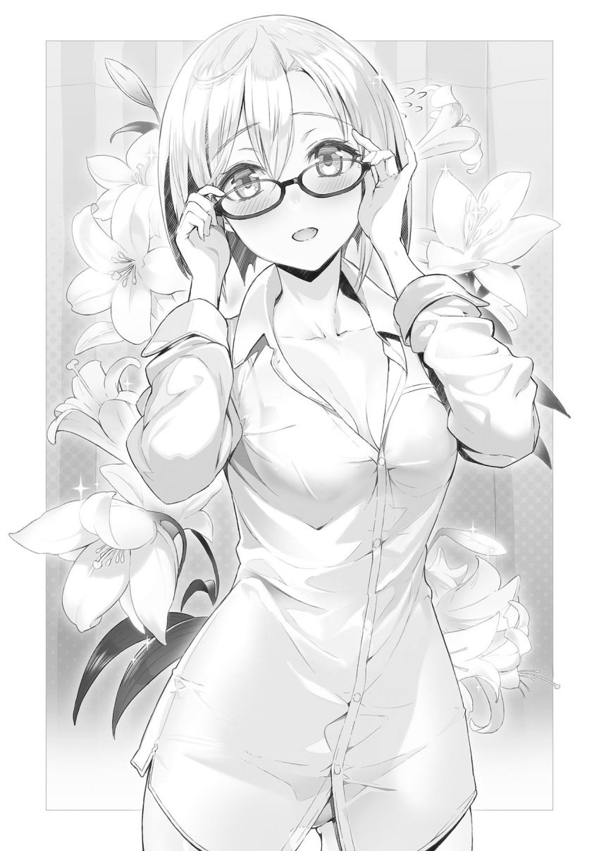 blush breasts floral_background glasses greyscale highres monochrome official_art ookuma_nekosuke open_mouth shinmai_maou_no_testament shirt short_hair smiley_face tachibana_nanao tagme underwear