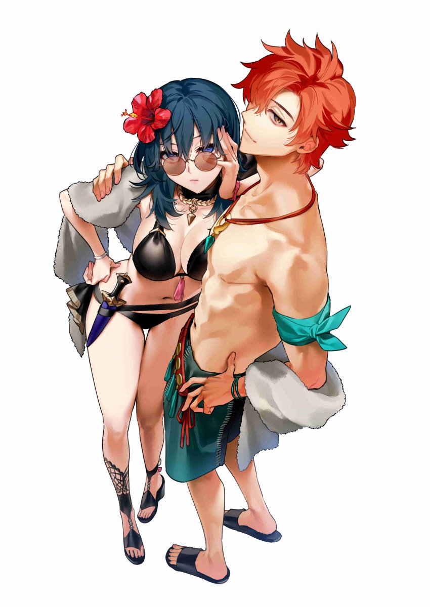 1boy 1girls absurdres alternate_costume arm_around_shoulder bare_legs bare_shoulders bikini black_bikini black_swimsuit blue_hair breasts byleth_(female)_(fire_emblem) byleth_(female)_(summer)_(fire_emblem) byleth_(fire_emblem) closed_mouth dagger dark_blue_hair female fire_emblem fire_emblem:_three_houses fire_emblem_heroes flower from_above full_body hair_flower hair_ornament hand_on_own_face hand_on_own_hip hibiscus highres human human_only ichimonjikun2 jewelry knife large_breasts light-skinned_female light-skinned_male light_skin long_hair looking_at_viewer looking_over_eyewear looking_over_sunglasses male male_swimwear navel nintendo official_alternate_costume orange_hair pendant red_flower round_eyewear sandals sheath sheathed short_hair simple_background standing straight sunglasses swim_trunks swimsuit sylvain_jose_gautier teal_hair thigh_gap tinted_eyewear topless_male towel weapon white_background