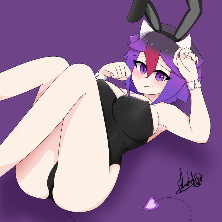 big_ass big_breasts bunny_ears bunny_girl bunnysuit demon_horns demon_tail elmashoarts original_character purple_eyes purple_hair pussy red_hair yuki(elmashoarts)