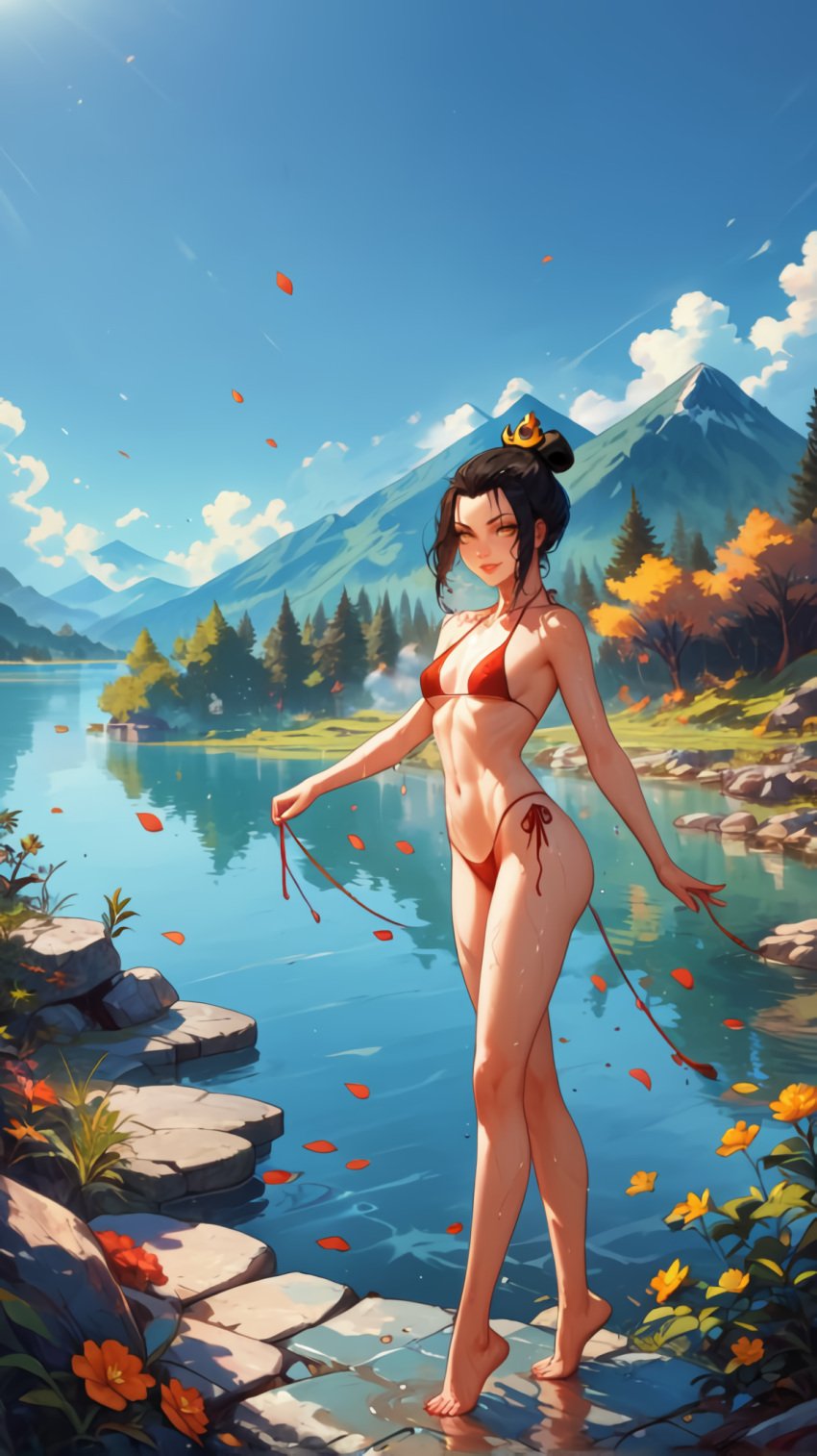 1girls ai_generated avatar_legends avatar_the_last_airbender azula bikini crown_braid female female_only fire_nation flower_petals flowers grass looking_at_viewer mountains outdoor outdoors plant plants river rocks string string_bikini strings trees