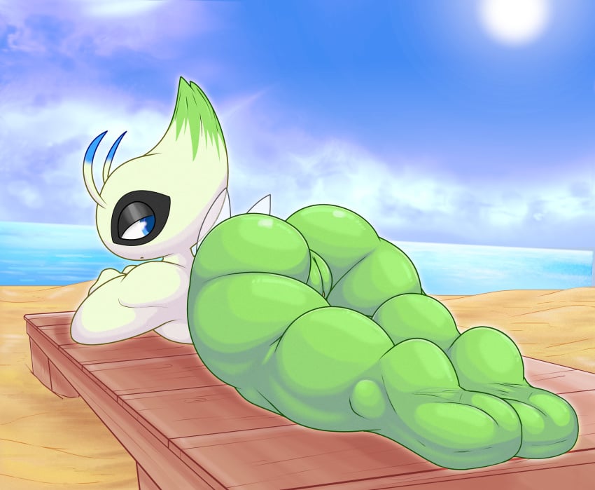 absurd_res adeviantcritter anthro ass beach butt_focus celebi feet female foot_focus generation_2_pokemon genitals hi_res legendary_pokemon looking_at_viewer nintendo pokemon pokemon_(species) pussy solo