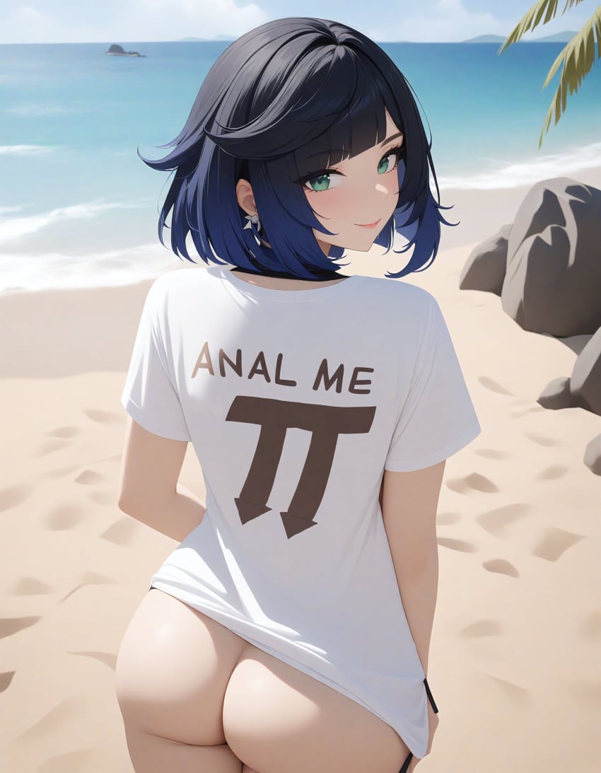 1girls ai_generated ass_focus blue_eyes blue_hair bob_cut bottomless bubble_butt clothes_writing female female_only from_behind genshin_impact looking_at_viewer pointing_down rear_view short_hair smile t-shirt tommy_(artist) white_shirt yelan_(genshin_impact)