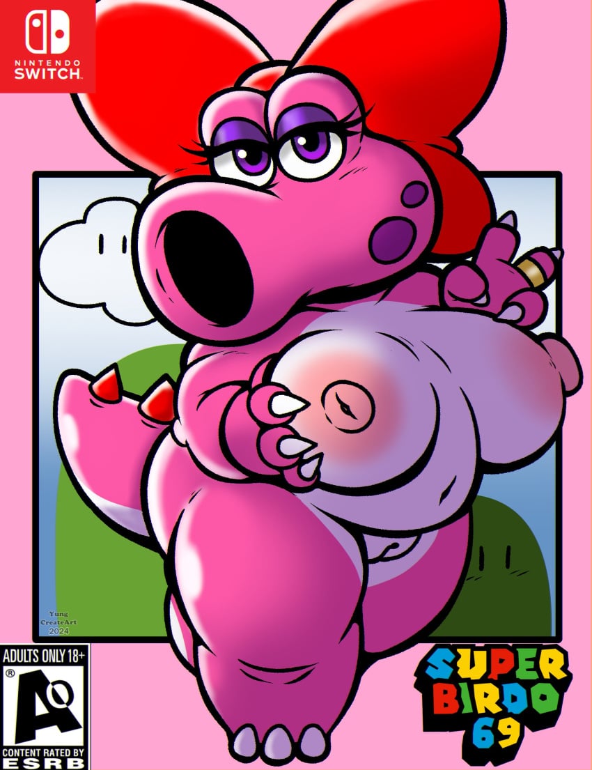 1girls alternate_version_available anthro big_breasts big_thighs birdetta birdo bow box_art breasts clawed_feet clawed_fingers claws dinosaur eyelashes eyeshadow female female_only grabbing_own_breast logo_parody looking_at_viewer mario_(series) naked nintendo nintendo_switch nipples nude peace_sign purple_eyes purple_eyeshadow pussy rating red_bow ring shortstack solo spiked_tail super_mario_bros. tail thick thick_hips thick_thighs thighs v vagina wide_hips yungcreateart