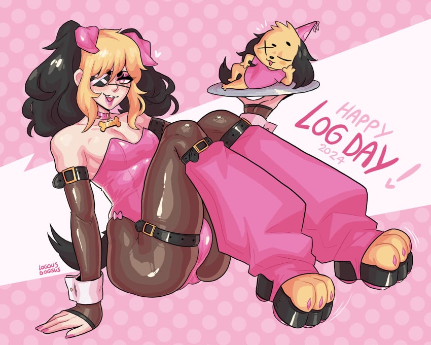 1boy animal armwear artist_self-insert bent_legs black_hair blonde_hair canine canine collar dog_ears domestic_dog english_text eyepatch fake_animal_ears femboy footwear girly leg_warmers leotard loggus_doggus looking_at_viewer male male_only pantyhose pink_eyes pink_lipstick sitting smiling smiling_at_viewer solo symbol-shaped_pupils text thigh_belt two_tone_hair very_high_resolution wrist_cuffs x_eyes