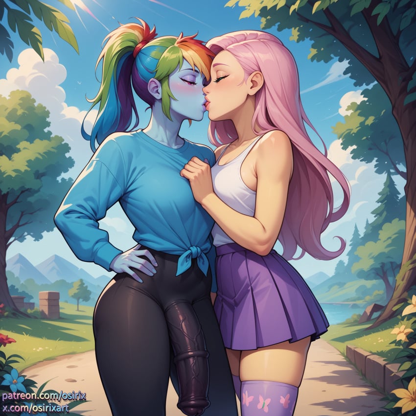 ai_generated blue_skin bulge_through_clothing colored_skin fluttershy_(mlp) futa_on_female futa_with_female futanari horse_penis horsecock horsecock_bulge horsecock_futanari kissing my_little_pony osirix pink_hair rainbow_dash_(mlp) rainbow_hair skirt stable_diffusion thighhighs yellow_skin yoga_pants