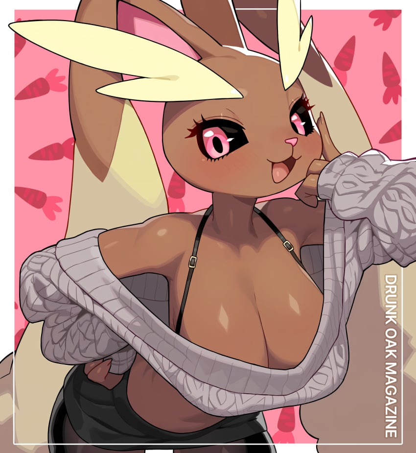 1girls 2024 anthro artist_name bare_shoulders big_breasts black_sclera blush breasts brown_body brown_fur carrot cleavage clothed clothing digital_media_(artwork) drunkoak english_text female female_anthro female_only fingers food fur generation_4_pokemon hi_res lagomorph looking_at_viewer lopunny mammal nintendo pink_eyes plant pokemon pokemon_(species) simple_background smiling smiling_at_viewer solo sweater text topwear vegetable very_high_resolution