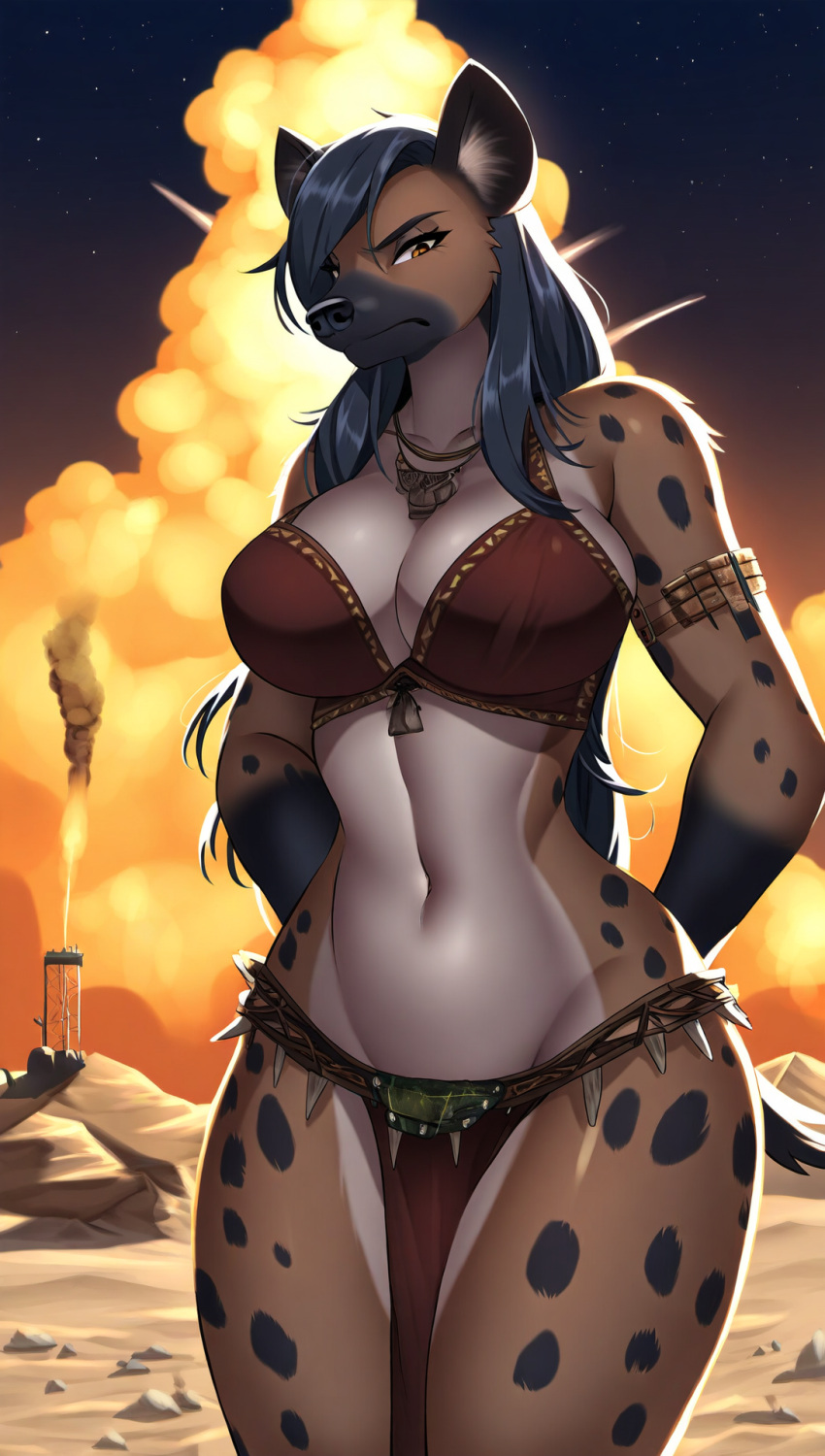 ai_generated bikini black_hair brown_eyes cleavage female_only furry furry_female furry_only hyena hyena_girl large_breasts majorfluffy novelai tagme tribal