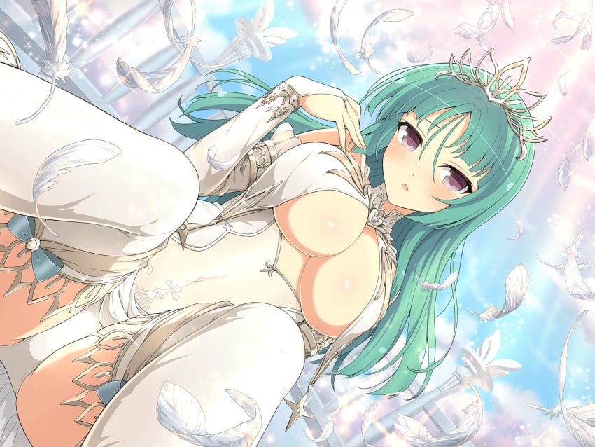 1girls ass_visible_through_thighs bare_shoulders bashou_(senran_kagura) belly_button_visible_through_clothing big_breasts blush body_blush breast_curtains breasts bridal_gauntlets bride cleavage detached_sleeves feathers green_hair long_hair marvelous official_art open_mouth pantyshot purple_eyes ribbon see-through see-through_shirt senran_kagura senran_kagura_new_link shiny_skin spread_legs thighs tiara underboob underwear white_panties yaegashi_nan zettai_ryouiki