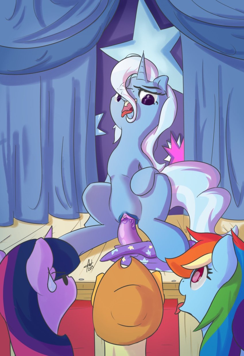 2014 applejack_(mlp) blue_fur blue_hair cosmicnova cowboy_hat dildo equine female friendship_is_magic fur hair hat horn horse mammal multicolored_hair my_little_pony penetration pony public purple_eyes purple_fur purple_hair rainbow_dash_(mlp) sex_toy smooth_skin tongue tongue_out trixie_(mlp) twilight_sparkle_(mlp) unicorn vaginal_penetration