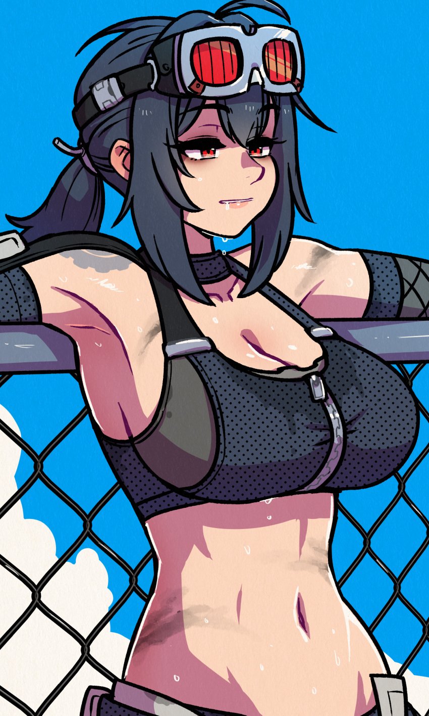 abs akairiot bangs big_breasts black_hair breasts bust-waist_contrast cleavage dirty drool drool_on_chin drooling elbow_gloves goggles goggles_on_head grace_howard large_breasts mechanic midriff navel ponytail red_eyes soaked_clothes sports_bra sweat sweatdrop sweaty_body sweaty_breasts tank_top zenless_zone_zero