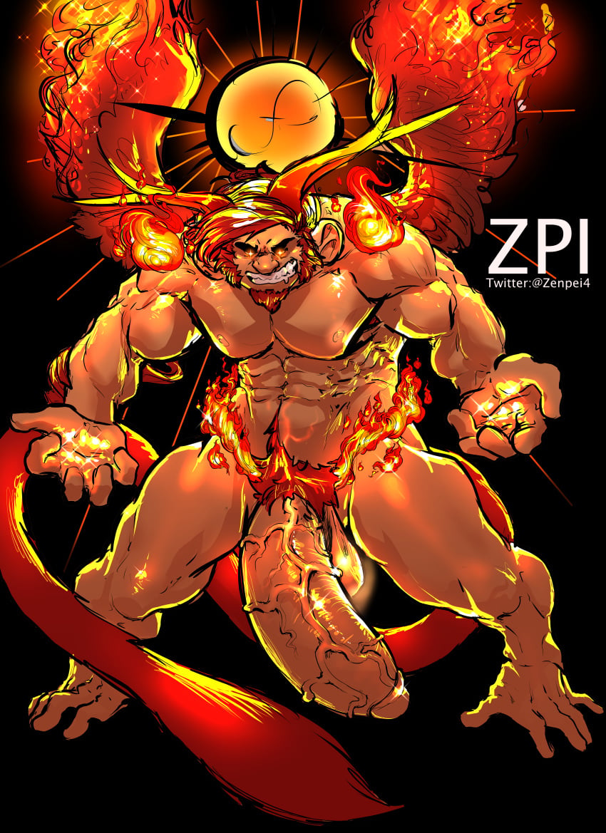 balls bara big_penis facial_hair fire flaccid male male_only muscles muscular nude penis solo solo_male tail wings yanga_(zenpei) zenpei