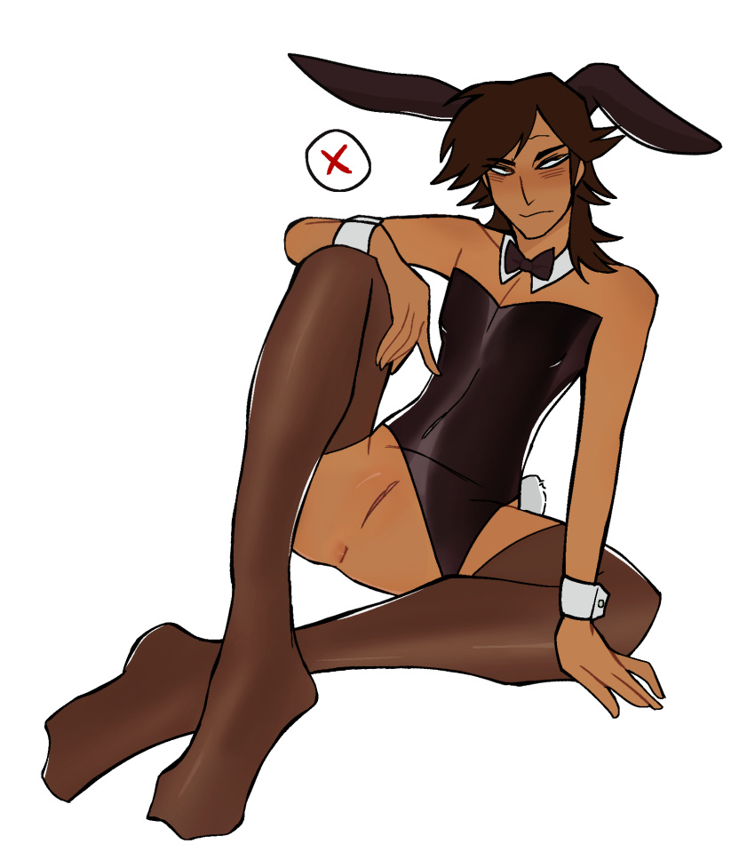 1boy 1male anus anus_peek ass blush bow_tie bowtie bowtie_collar bunny_boy bunny_costume bunny_ears bunny_tail bunnysuit bunnysuit_aside cleavage clothing_aside crossdressing crossed_legs cuntboy cuntboy_only dark-skinned_male eye_roll feet full_body gay hands_on_knee intersex latex male_focus male_only noah_(tdi) playboy playboy_bunny pussy_peek rabbit_ears rabbit_tail shiny socks solo solo_focus solo_male thigh_highs total_drama_island unamused vagina visible_nipples yaoi