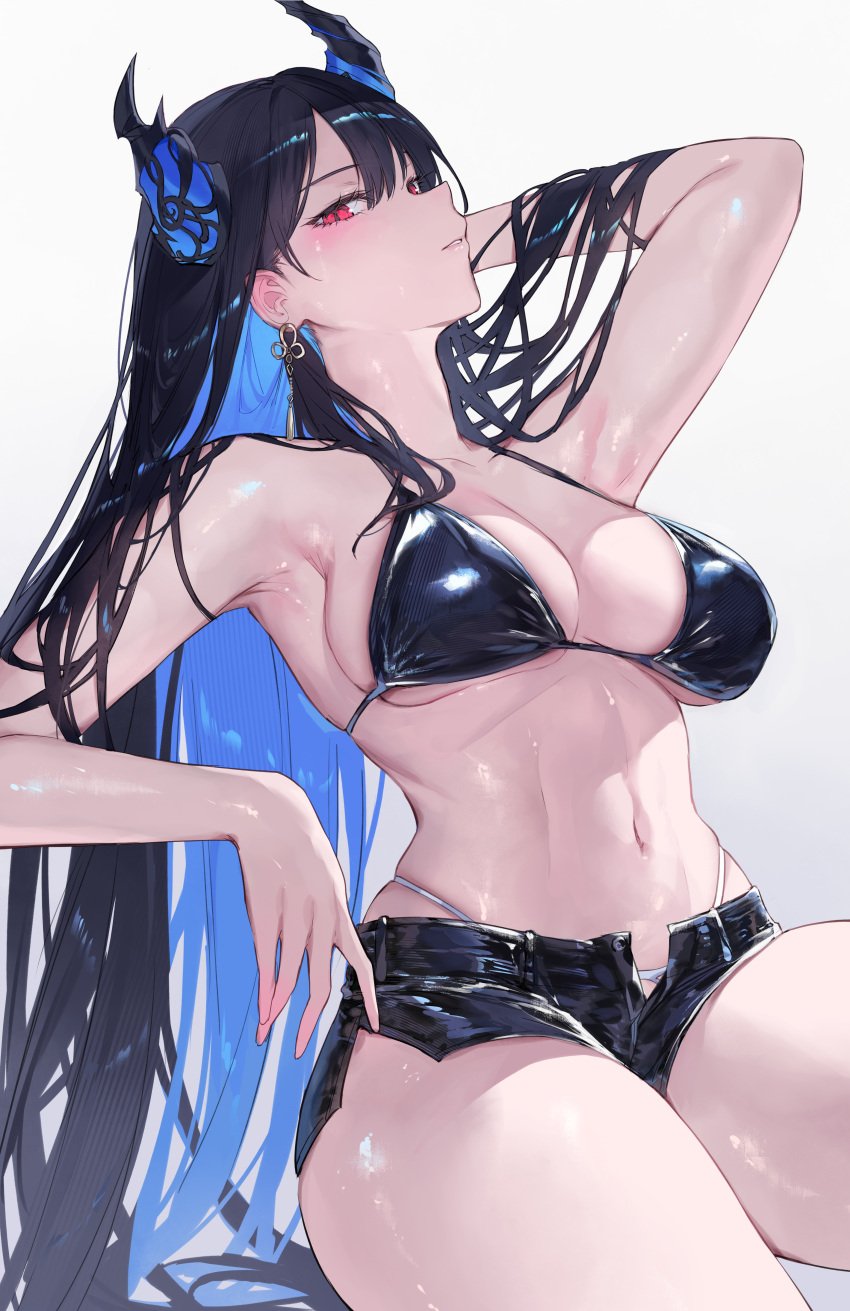 1girls armpits asymmetrical_horns bare_shoulders belly big_breasts bikini bikini_top black_bikini black_bikini_top black_bra black_hair black_shorts blue_hair bra breasts cleavage ear earrings exposed_armpits female female_only fingers gradient_background hand hand_on_head highres hololive hololive_english hololive_english_-advent- horns light-skinned_female long_hair looking_at_viewer midriff navel nerissa_ravencroft nose open_shirt panties qiandaiyiyu red_eyes seductive shorts sideboob sitting solo stomach thick_thighs unbuttoned_shorts virtual_youtuber wet_clothes wet_hair wet_skin