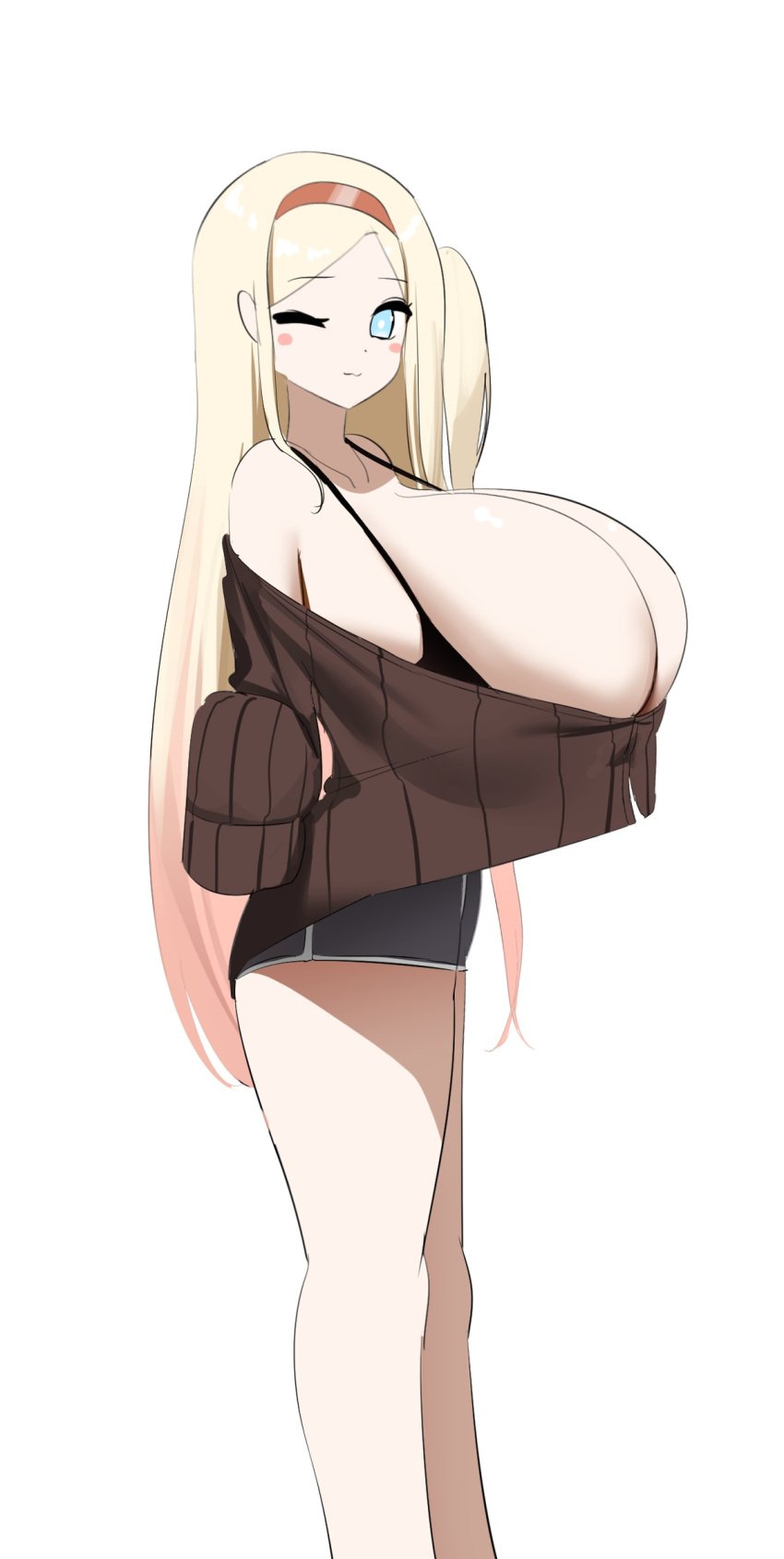 1girls blonde-chan_(nicorima) blonde_hair blue_eyes bra breasts breasts_bigger_than_head bursting_breasts enormous_breasts female female_focus female_only gigantic_breasts huge_breasts long_hair looking_at_viewer nicorima one_eye_closed original original_character overflowing_breasts shirt short_shorts side_ponytail simple_background solo standing thighs white_background